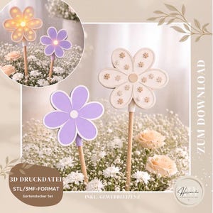 Puede incluir: Estacas decorativas para jardín con forma de flor en blanco, morado y beige. Las estacas tienen una base de palo de madera y tienen forma de flor. La imagen también incluye el texto "3D DRUCKDATEI STL/3MF-FORMAT Gartenstecker Set" y "ZUM DOWNLOAD".