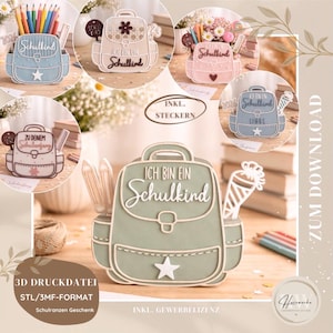 STL & 3MF 3D Druckdatei Schulranzen Aufsteller Set mit Steckern | Einschulung Geschenk