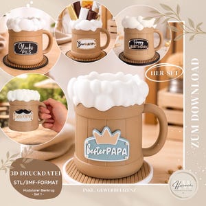 Puede incluir: Una colección de recipientes marrones con forma de jarra de cerveza con tapas de espuma blanca. Algunas jarras tienen etiquetas con textos como "Glucks Pils", "BierHAPPY" y "Happy Birthday". Las jarras están sobre posavasos redondos. La imagen también incluye texto en alemán.