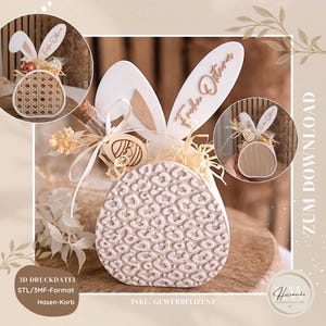 Puede incluir: Una cesta decorativa con forma de huevo de Pascua con un diseño de estampado de leopardo blanco. La cesta tiene orejas de conejo de madera con el texto "Frohe Ostern". Se adjunta una pequeña botella de vidrio y flores secas. La imagen también incluye el texto "3D DRUCKDATEI STL/3MF-Format Hasen-Korb".