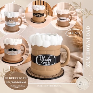 May include: Several brown beer mug designs with white foam tops. Some mugs feature text such as "Happy Birthday" and "Glücks Pils". The mugs are displayed on round coasters. The image also includes text about 3D printing.