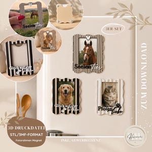 May include: A set of three rectangular picture frames with scalloped edges and vertical stripes, featuring magnetic backs. Each frame displays a pet photograph and German text, including Seelentier, Glück auf vier Pfoten, and Pfotenliebe.