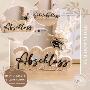 May include: A 3D printed decorative sign featuring the number 2026 with the word Abschluss in black script lettering. The design includes a small black graduation cap icon, a jute twine bow, and a clear glass test tube holder for dried flowers.