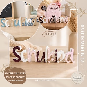 May include: A 3D printed decorative sign set featuring the German word Schulkind in various color combinations including white, pink, and dark red. The set includes multiple variations of the lettering and a backpack-shaped design element.