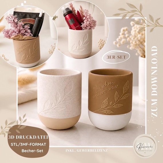 STL & 3MF 3D Druckdatei Geschenkbecher Set Ranken Design | schön dass es dich gibt