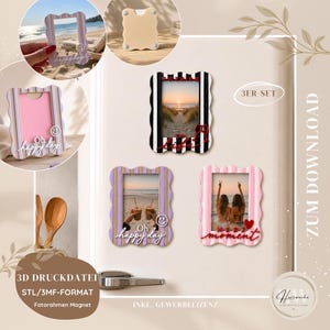 Könnte beinhalten: Ein Set aus drei rechteckigen, gewellten Fotorahmen-Magneten mit vertikalen Streifen in Schwarz-Weiß, Lila-Beige sowie Rosa-Weiß. Jeder Rahmen enthält ein Foto und dekorative Schriftzüge wie Oh happy day und Herz moment.