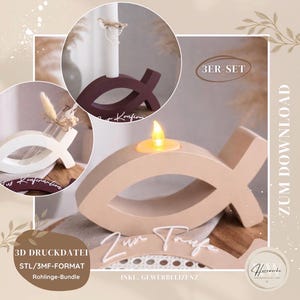 May include: A set of three fish-shaped candle holders in cream, white, and burgundy. One holds a white candle, another a small LED candle, and the third has dried flowers. The image includes text that says "3D Druckdatei" and "Zum Download".