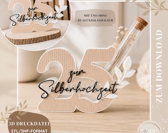 STL & 3MF 3D-utskriftsfil "25" displayställ för silverbröllopsdag | Set om 2 | Paneldesign med ranka
