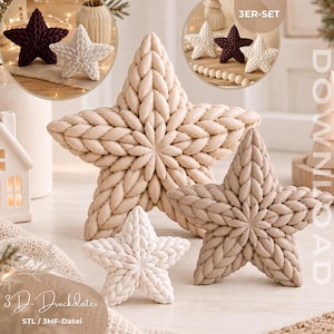 STL- en 3MF-3D-printbestand Knitty Stars | Set van 3 | 3 maten | Kerstdecoratie | Scandinavische decoratie