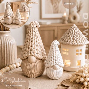 Può includere: Due statuette di gnomi color beige con cappelli dall'aspetto lavorato a maglia e nasi arrotondati, accompagnate da una piccola lanterna a forma di casa beige con finestre quadrate e tetto strutturato, tutto con finitura opaca e neutra.