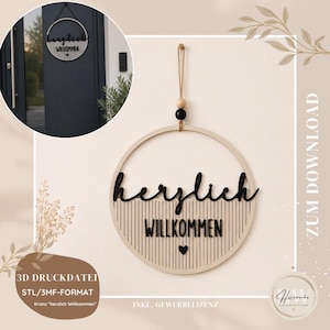 May include: A circular wooden wall hanging featuring the black text "herzlich WILLKOMMEN" and a small heart. The sign is suspended by a jute cord with a natural wooden bead and a black bead. The design includes vertical lines and a circular frame.