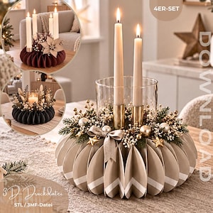 May include: A circular beige paper honeycomb candle ring featuring a central glass cylinder holding two tall cream taper candles. The ring is decorated with gold ornaments, small white berries, green pine sprigs, and a beige ribbon bow. Text reads 4ER-SET.