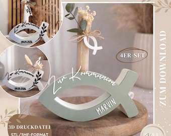 May include: A light green wooden fish-shaped decoration with the text "Zur Kommunion" and the name "Marvin". The image also shows a candle with the text "Zur Kommunion" and the date "09.05.2026". The image includes the text "3D DRUCKDATEI STL/3MF-FORMAT Aufsätze zur Kommunion".