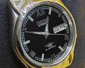Vintage Citizen automatisk klocka 21 juveler | Svart romersk urtavla | Japansk mekanisk klocka