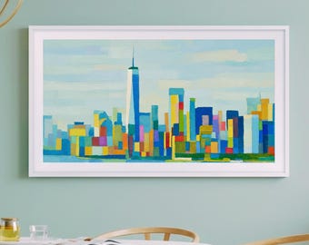 Arte del horizonte de la ciudad de Nueva York, impresión geométrica, arte moderno de mediados de siglo para televisor Samsung 4K, decoración cubista colorida
