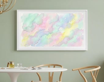 Arte para TV Samsung Frame / Acuarela abstracta en tonos pastel ópalo y plata / Descarga 4K / Paisaje onírico ópalo