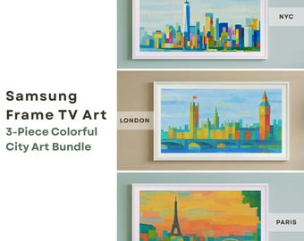 Set de 3 marcos de TV Samsung con arte colorido / Londres, París y Nueva York vibrantes / Decoración ecléctica para el hogar / Pintura abstracta de paisaje urbano / Fondo de TV 4K