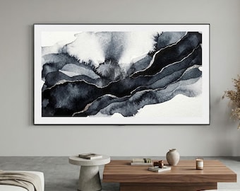 Arte para TV Samsung Frame / Lavado de tinta abstracto negro y plateado / Descarga 4K / Tinta obsidiana