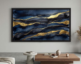 Arte para TV Samsung Frame / Kintsugi abstracto azul marino y dorado / Descarga 4K / Kintsugi de medianoche