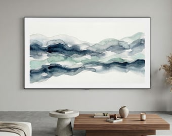 Arte para TV Samsung Frame / Acuarela abstracta en azul marino y verde azulado / Descarga 4K / Río etéreo