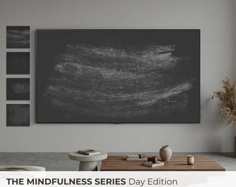 Marco para TV Samsung con diseño japonés oscuro, Wabi Sabi en tonos carbón melancólicos, conjunto de 4 texturas minimalistas en modo nocturno, descarga digital en negro 4K.