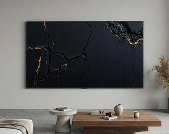 Arte mural oscuro Wabi Sabi, textura Kintsugi negra y dorada, marco para TV Samsung con efecto melancólico, yeso abstracto de carbón, estilo gótico Japandi 4K