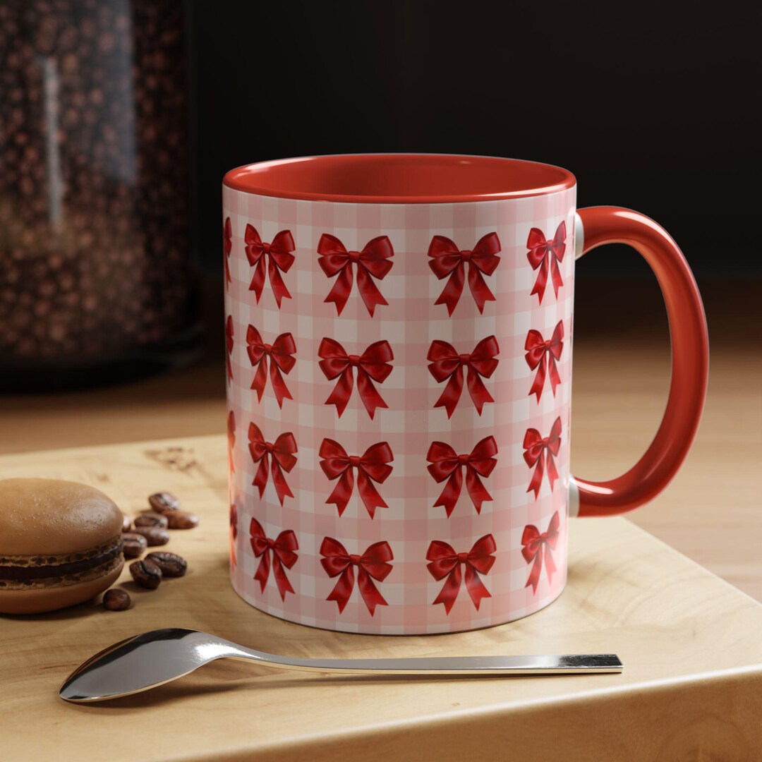 Red Ribbon Pattern Mug | Pink Gingham Accent Coffee Mug, Cutesy Girlie ...