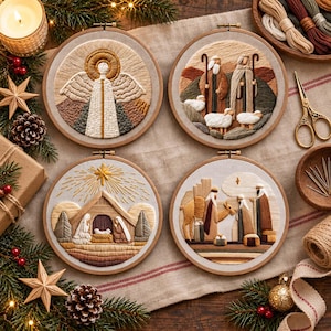 May include: Four circular embroidery hoops featuring detailed needlework scenes of a nativity story, including an angel, shepherds with sheep, the holy family in a stable, and the three wise men with a camel, all rendered in neutral earth tones.