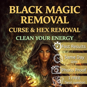 May include: An image advertising Black Magic Removal services. The image shows a woman in a hooded cloak, surrounded by candles and mystical objects. Text includes "Curse & Hex Removal" and "Clean Your Energy."
