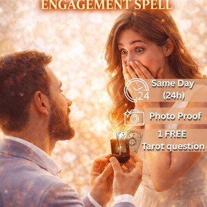 Könnte beinhalten: Das Bild zeigt den Text "PROPOSE TO ME - ENGAGEMENT SPELL". Ein Mann präsentiert einer Frau einen Ring. Zusätzlicher Text enthält "Same Day (24h), Photo Proof, 1 FREE Tarot question" und "by Morgana".