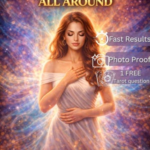 Peut inclure: Illustration numérique d'une femme en robe blanche, cheveux roux, sur fond cosmique. Texte : "CLEANSE MY AURA AND ENERGETIC BODY ALL AROUND", "Fast Results", "Photo Proof", et "1 FREE Tarot question".