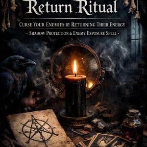 May include: An image with the text "Dark Justice Return Ritual" above the text "Curse Your Enemies by Returning Their Energy". A lit candle, a raven, a mirror, and other occult items are visible. The text "Return Negativity, Reveal Hidden Enemies, Protect Your Energy" is also visible.