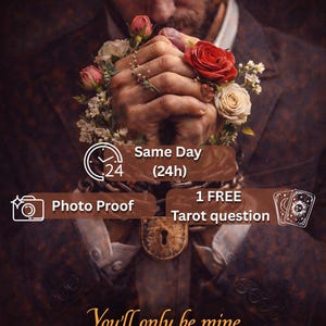 May include: Image with the text "STOP CHEATING" in gold. A person's hands are clasped, adorned with flowers and a chain. Additional text includes "Photo Proof," "Same Day (24h)," and "1 FREE Tarot question."