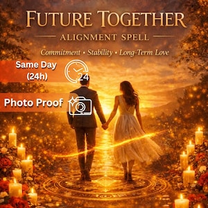 Op de afbeelding: Een afbeelding met de tekst "FUTURE TOGETHER" en "ALIGNMENT SPELL". Het toont een stel dat elkaars hand vasthoudt en naar een helder licht loopt. De afbeelding bevat de tekst "Commitment, Stability, Long-Term Love", "Same Day (24h)" en "Photo Proof".