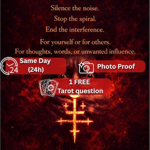 Pode incluir: Gráfico vermelho escuro com as palavras "SHUT UP - NOW" em ouro. A imagem inclui texto sobre silenciar o ruído e a interferência, com um símbolo e o texto "by Morgana". Inclui "Photo Proof" e "1 FREE Tarot question".