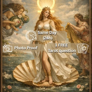 Könnte beinhalten: Künstlerische Illustration mit dem Text "PERFECT BODY SPELL". Eine Frau in einem weißen Kleid steht in einer Muschel, mit anderen Figuren und Textelementen wie "Same Day (24h)" und "Photo Proof". Das Bild hat eine Vintage-Ästhetik.