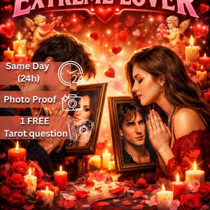Op de afbeelding: Een romantische afbeelding met de tekst "AVOIDANT TO EXTREME LOVER". De afbeelding toont twee mensen, ingelijste portretten, kaarsen, rozen en cherubijnen. Tekst bevat "Same Day", "Photo Proof" en "1 FREE Tarot question".