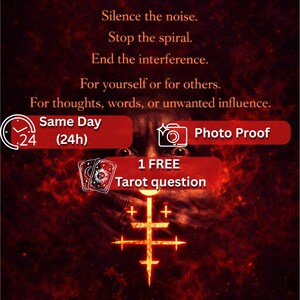 May include: A digital graphic with a fiery red background featuring the text SHUT UP - NOW, Silence the noise, Stop the spiral, End the interference, For yourself or for others, For thoughts, words, or unwanted influence, Same Day (24h), Photo Proof, 1 FREE Tarot question, and by Morgana, with a glowing cross symbol.