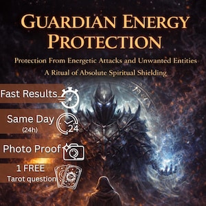Puede incluir: Arte digital que promociona "Guardian Energy Protection". La imagen presenta una figura oscura y blindada con ojos azules brillantes, una figura encapuchada y texto que incluye "Resultados rápidos" y "El mismo día". El fondo es un diseño cósmico arremolinado.