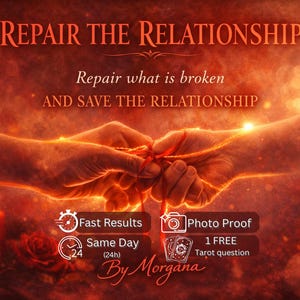 May include: An image with a warm, reddish-orange background features the text "REPAIR THE RELATIONSHIP". Two hands are shown holding a red string. Additional text includes "Repair what is broken AND SAVE THE RELATIONSHIP". Icons indicate fast results, photo proof, and a free tarot question.