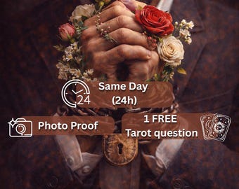 May include: Image with the text "STOP CHEATING" in gold. A person's hands are clasped, adorned with flowers and a chain. Additional text includes "Photo Proof," "Same Day (24h)," and "1 FREE Tarot question."