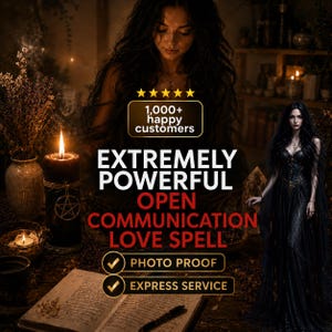 Pode incluir: Uma vela preta com um símbolo de pentagrama, um livro aberto e uma pessoa com vestido preto. O texto diz: 1,000+ happy customers, EXTREMELY POWERFUL OPEN COMMUNICATION LOVE SPELL, PHOTO PROOF e EXPRESS SERVICE. Inclui flores secas.