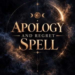 May include: A digital graphic featuring the gold text APOLOGY AND REGRET SPELL centred against a dark, smoky background. Above the text is a moon phase icon, and the entire design is framed by a thin gold circular line with star accents.