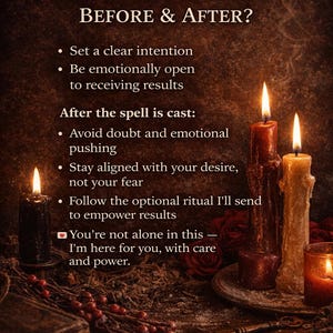 May include: Image of a mystical scene with lit candles and text. The text reads "How to Prepare Before & After?" followed by instructions. The scene includes a book, flowers, and a warm, inviting color palette.