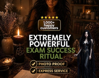 May include: A black candle with a pentagram symbol, an open book with handwritten text, and a pen. Text overlays include 1,000+ happy customers, EXTREMELY POWERFUL EXAM SUCCESS RITUAL, PHOTO PROOF, and EXPRESS SERVICE with five yellow stars.