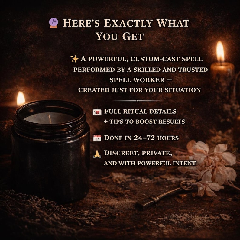 May include: A dark, moody image featuring a black candle in a jar, with text that reads "HERE'S EXACTLY WHAT YOU GET." The text describes a custom spell performed by a skilled worker, with full ritual details, and results in 24-72 hours.