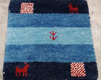 Handloom Wool Gabbeh Rug, Blue Tribal Area Rug, Handmade Minimalist Accent Carpet, Boho Wool Rug with Animal Motif