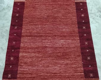 Hand-Loom Gabbeh Rug | Minimal Wool Carpet in Maroon & Beige | Handmade Tribal Gabbeh