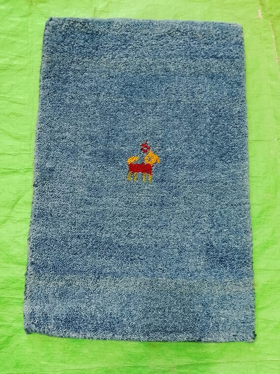 Sky Blue Hand-Loom Gabbeh Rug | Minimal Wool Carpet with Animal Motif | Handmade Nomadic Gabbeh