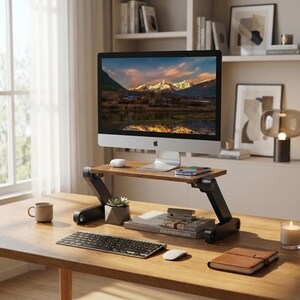 Puede incluir: Una moderna configuraci&oacute;n de oficina en casa con un ordenador de sobremesa que muestra un paisaje de monta&ntilde;a. El ordenador est&aacute; sobre un soporte de madera ajustable. Un teclado, un rat&oacute;n y una peque&ntilde;a planta suculenta est&aacute;n sobre el escritorio. Tambi&eacute;n se ven una taza y una vela.